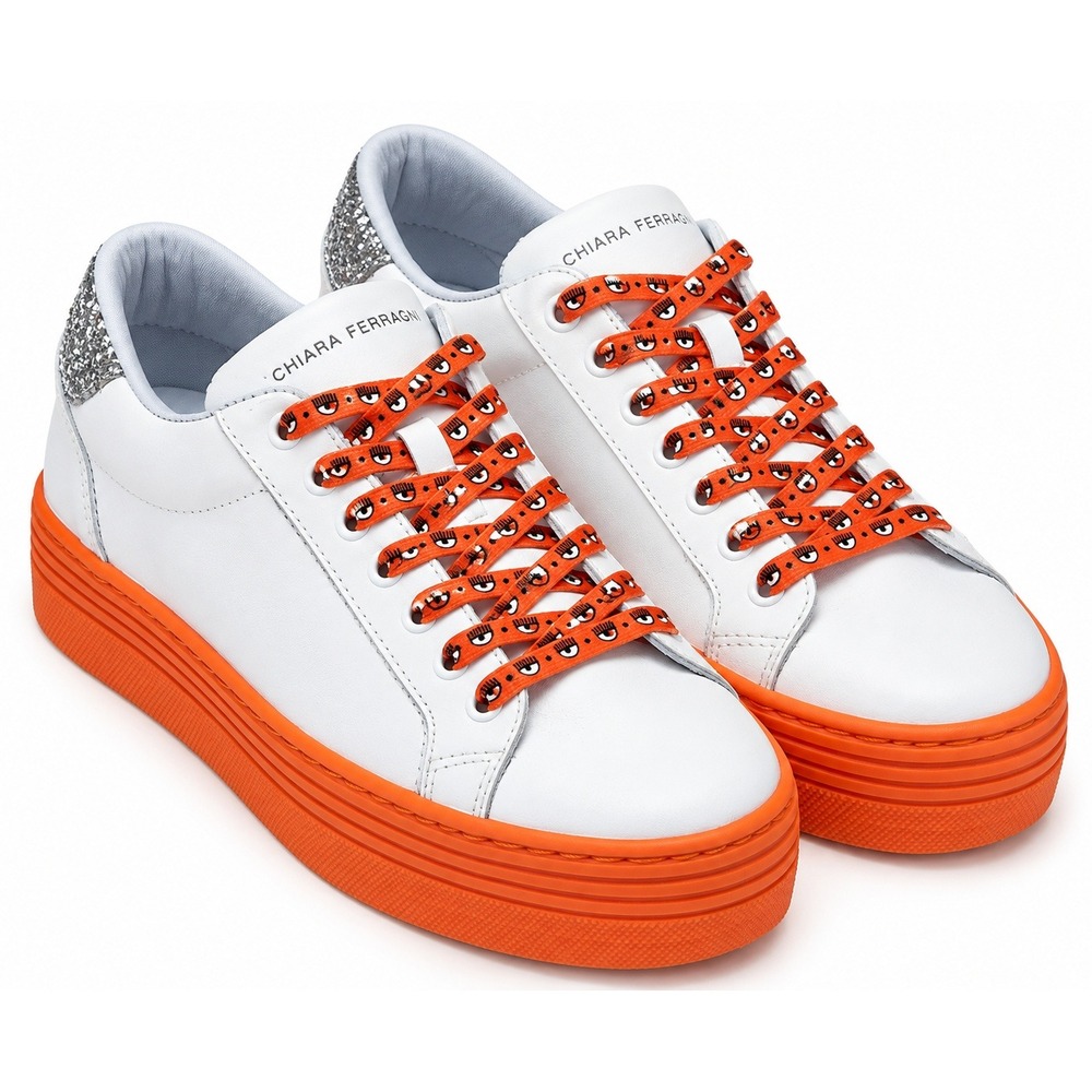 Chiara Ferragni Eye Platform Sneakers White Orange Glitter Leather EU 39